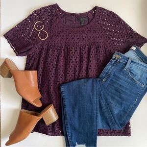 J. CREW Eyelet Short Sleeve Blouse Eggplant Purple Cotton A-Line